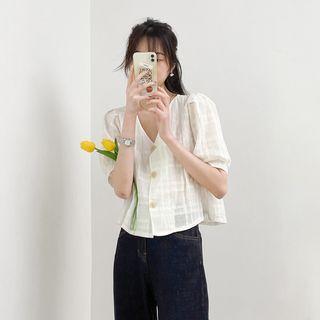 V-neck Plain Button-up Cropped Top White - One Size