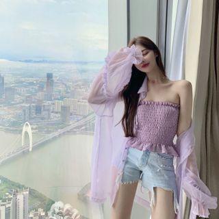 Crinkled Tube Top / See-through Long-sleeve Long Cardigan