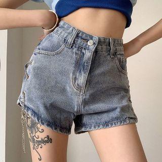 Chain Lace-up Washed Denim Hot Pants