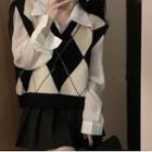 Argyle Sweater Vest / Plain Shirt / Pleated Skirt / Set