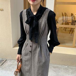 Long-sleeve Tie-neck Shirt / Houndstooth Midi Pinafore Dress