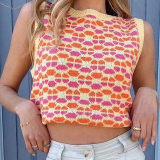 Sleeveless Floral Pattern Knit Top Floral - Tangerine & Pink & Yellow - One Size