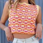 Sleeveless Floral Pattern Knit Top Floral - Tangerine & Pink & Yellow - One Size