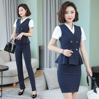 Short-sleeve Striped Blazer / Dress Pants / Mini Fitted Skirt / Vest / Set