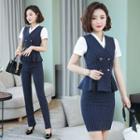 Short-sleeve Striped Blazer / Dress Pants / Mini Fitted Skirt / Vest / Set
