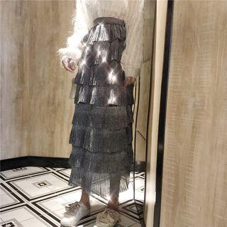 Layer A-line Glitter Midi Skirt Skirt - One Size
