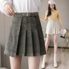 Pleated Mini A-line Corduroy Skirt