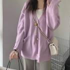 Faux Pearl Button Cardigan Purple - One Size