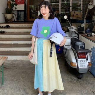 Short-sleeve Flower Print T-shirt / Midi Color Block A-line Skirt