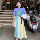 Short-sleeve Flower Print T-shirt / Midi Color Block A-line Skirt