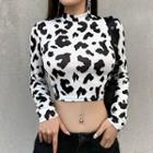 Long-sleeve Milk Cow Print Cropped T-shirt
