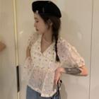 Puff-sleeve Dotted Cropped Blouse Off-white - One Size