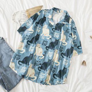 Short Sleeve Cat Print Shirt Cat - One Size