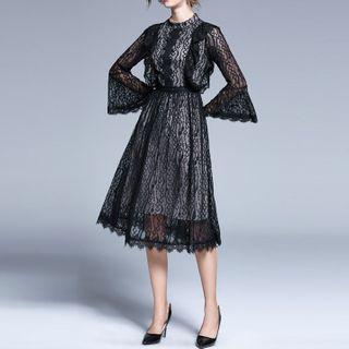 Lace Bell-sleeve Midi A-line Dress