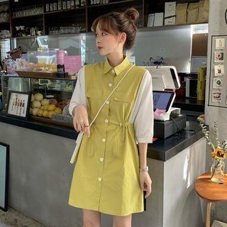 Color-block Drawstring Shirtdress As Shown In Figure - One Size