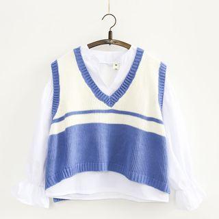 Set: Split Neck Blouse + Striped V-neck Knit Vest