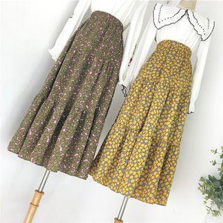 Floral A-line Midi Skirt Dark Green - One Size
