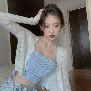 Halter-neck Gingham Top / Ribbed Cardigan