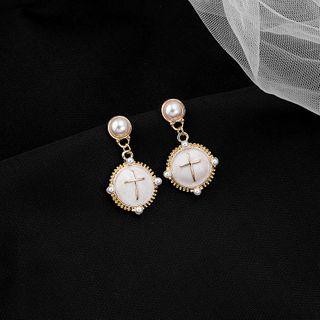Faux Pearl Glaze Cross Dangle Earring E2736 - 1 Pair - White - One Size