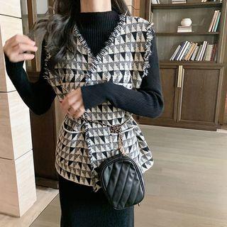Frayed Pattern Printed Vest / Long-sleeve Plain Dress