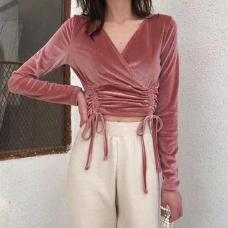 Long-sleeve Drawstring Velvet Crop Top