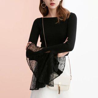 Bell-sleeve Lace Trim T-shirt