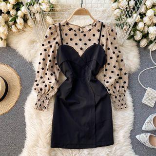 Set: Long-sleeve Dotted Blouse + Spaghetti Strap Mini Sheath Dress