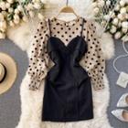 Set: Long-sleeve Dotted Blouse + Spaghetti Strap Mini Sheath Dress
