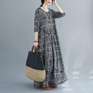 Long-sleeve Patterned Maxi Shift Dress