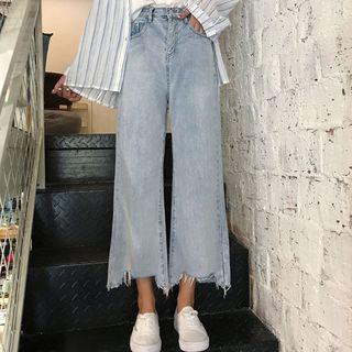 Fray Hem Washed Wide-leg Jeans