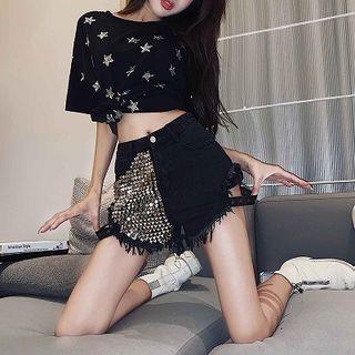 Frayed Hem Studded Denim Hot Pants