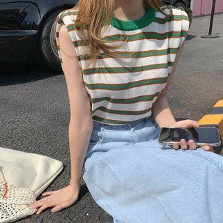 Sleeveless Padded-shoulder Stripe Top
