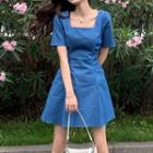 Short-sleeve Square-neck Mini Denim A-line Dress Washed Blue - One Size