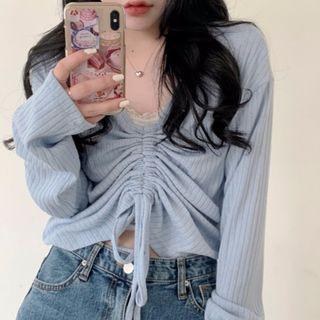 Lace Trim Drawstring Knit Top Grayish Blue - One Size