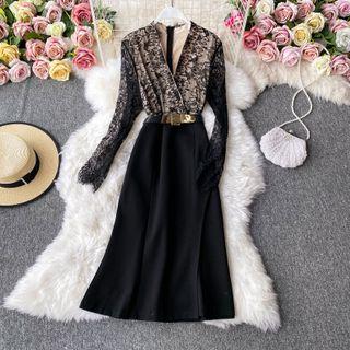 V-neck Lace-panel Belted Midi Dress