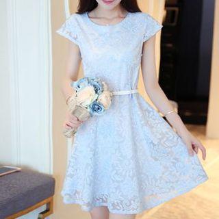 Cap Sleeve Crewneck Belt Waist Lace A-line Dress