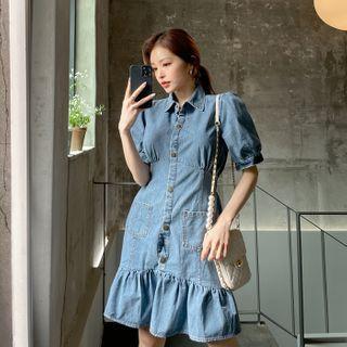 Puff-sleeve Frilled Denim Dress