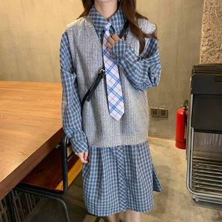 V-neck Knit Vest / Plaid Shirtdress / Patterned Necktie