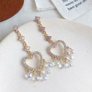 Rhinestone Heart Dangle Earring 01 - Silver Needle Earring - Silver - One Size