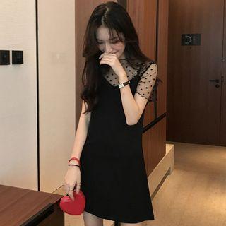 Short-sleeve Polka Dot Mesh T-shirt / Spaghetti Strap Mini Dress