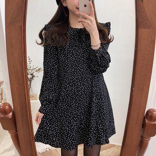 Long-sleeve Ruffled Dotted Mini A-line Dress