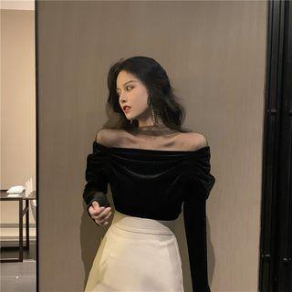 Mesh Panel Long-sleeve Top Dark Green - One Size