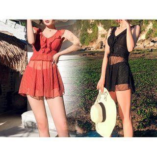 Set: Cap-sleeve Cutout Swimdress + Swim Shorts