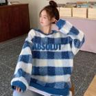 Letter Embroidered Plaid Fleece Pullover Blue - One Size