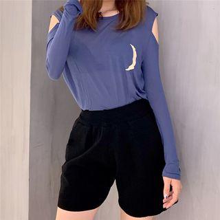 Long-sleeve Moon Printed Cutout T-shirt