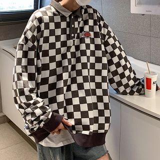 Polo-neck Checker Print Sweatshirt