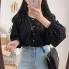 Dotted Crewneck Puff-sleeve Blouse