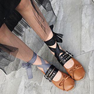 Ribbon Accent Double Buckle Strap Ballet Flats