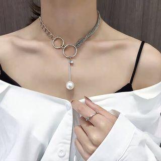 Asymmetric Faux Pearl Hoop Accent Layered Necklace As Shown In Figure - One Size