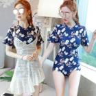 Set: Floral Swimsuit + Lace Ruffle Spaghetti Strap Dress